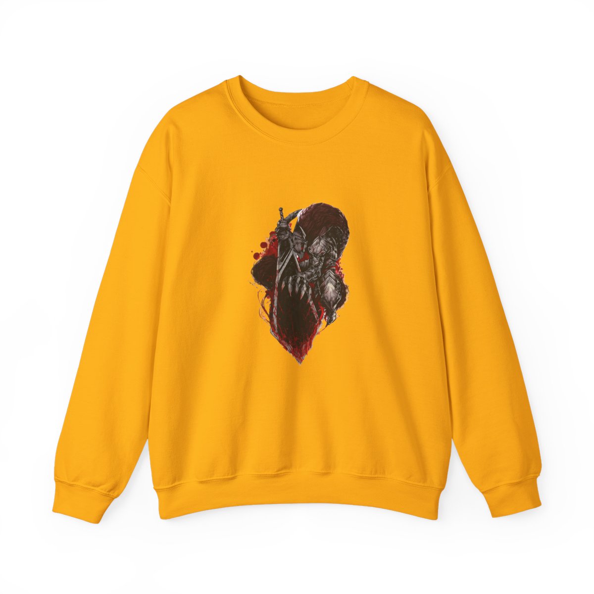 Two black t-shirts with a distressed wash. One shirt features a red symbol on the front. The other shirt displays a detailed graphic of a warrior with a large sword and red accents on the back. The... - alternate angle 3, merchandise
