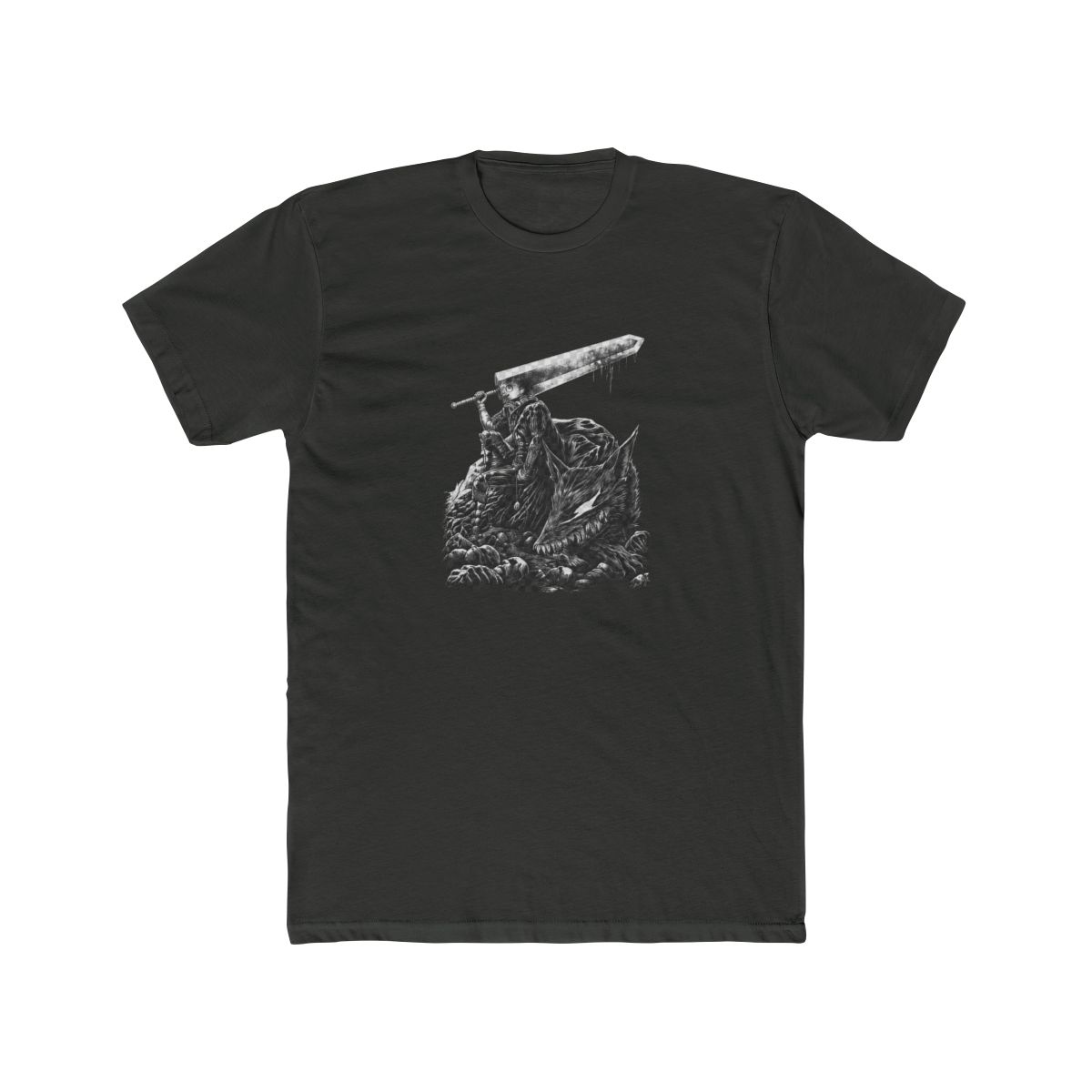 Black graphic T Shirt with a white illustration of a warrior and a wolf, and a small white symbol on the front. The shirt has a washed, vintage appearance - alternate angle 5, merchandise