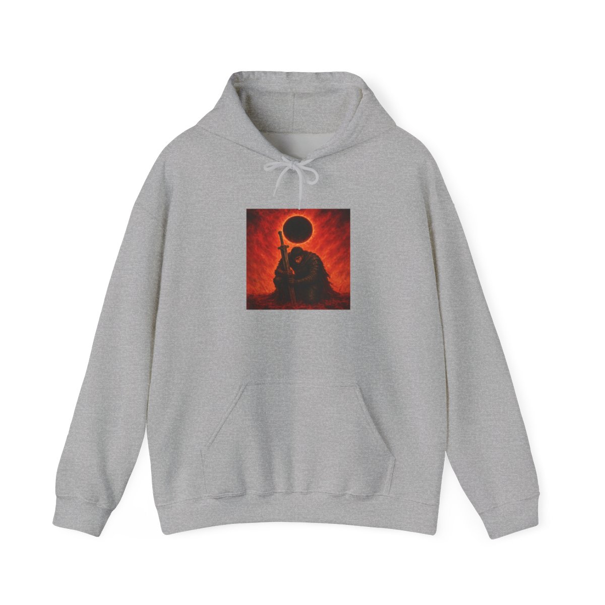 Black hoodie with a graphic print on the back. The print shows a warrior kneeling with a large sword, set against a fiery red and orange backdrop with a dark eclipse. The hoodie is a plain black...