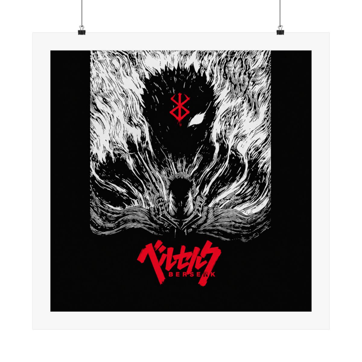 Black and white poster featuring a black and white illustration of a character from the anime Berserk. The character is surrounded by a swirling black and white pattern. The title "Berserk" is written... - alternate angle 1, merchandise