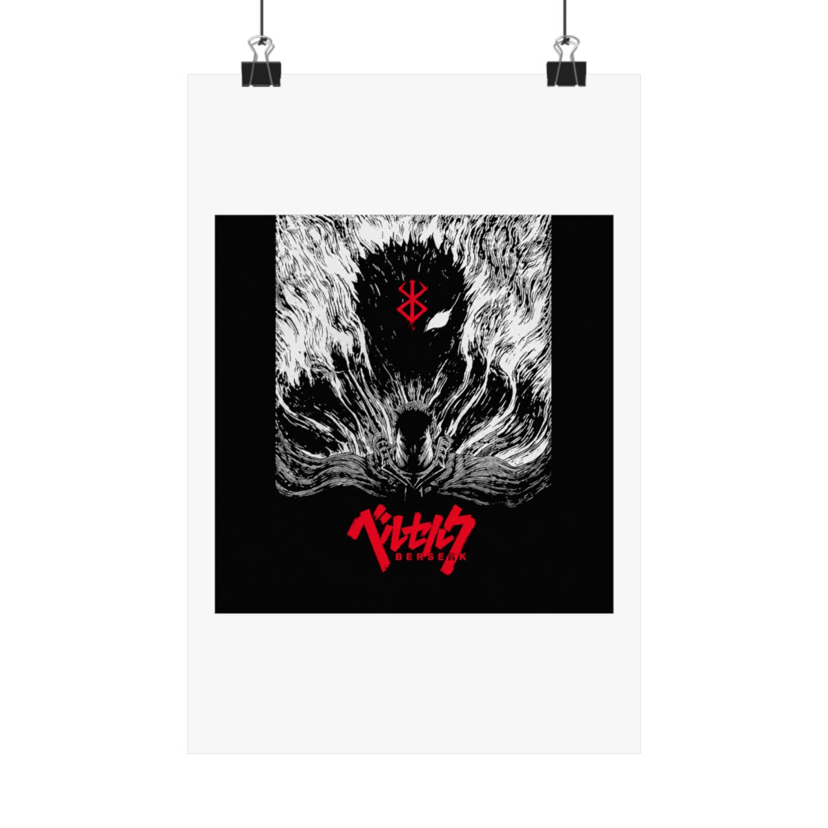 Black and white poster featuring a black and white illustration of a character from the anime Berserk. The character is surrounded by a swirling black and white pattern. The title "Berserk" is written... - alternate angle 5, merchandise